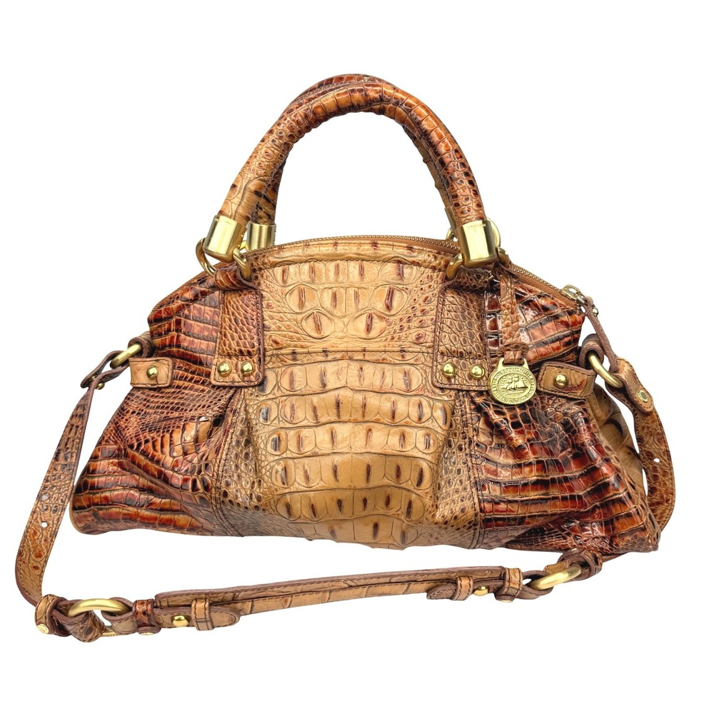 Vintage 90s Brahmin Pecan Croc Embossed Leather Satchel Handbag Strap